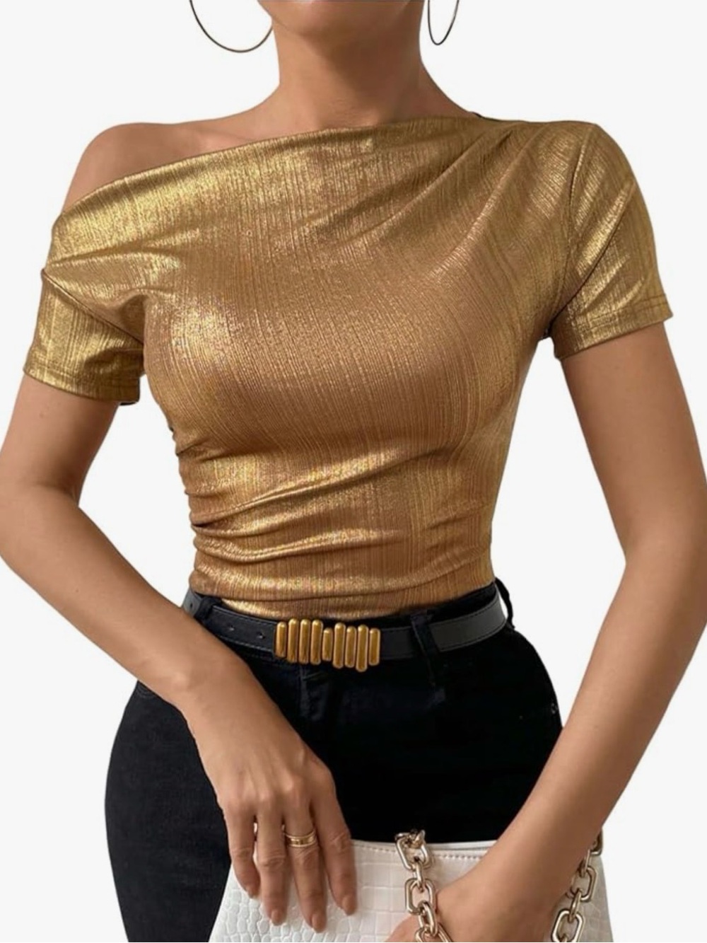 Metallic Gold Off-Shoulder Stretch Top